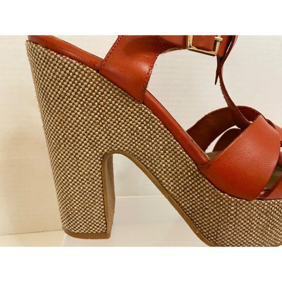 Spanish Leather Stacked Heel Women US 10.5 Sunburst Orange Sandals w/Ankle Strap - Picture 5 of 13